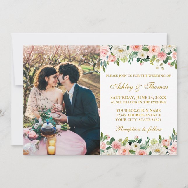 Invitation Aquarelle rose blanc Floral Mariage or (Devant)