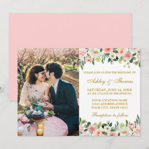 Invitation Aquarelle rose blanc floral or Mariage photo