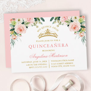 Invitation Aquarelle Rose Blanc Floral Or Quinceanera