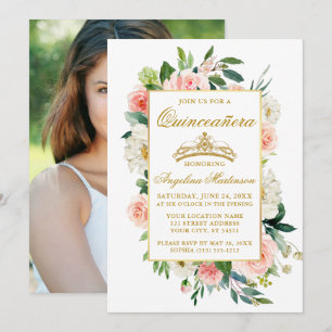 Invitation Aquarelle rose blanc Floral Quinceanera Photo