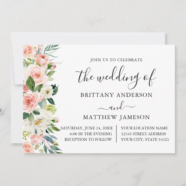 Invitation Aquarelle rose blanc Mariage de calligraphie flora (Devant)
