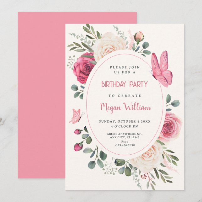 Invitation Aquarelle rose blanc Roses floraux anniversaire (Devant / Derrière)