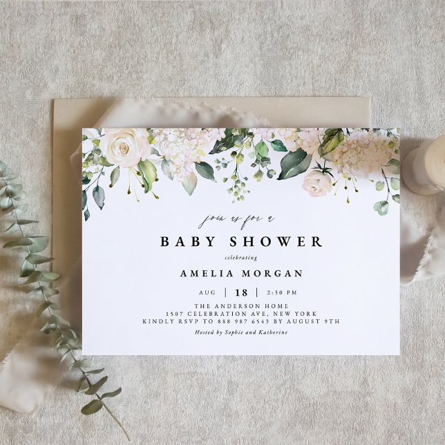 Invitation Aquarelle Rose blanche et Baby shower Hydrangea (Créateur téléchargé)