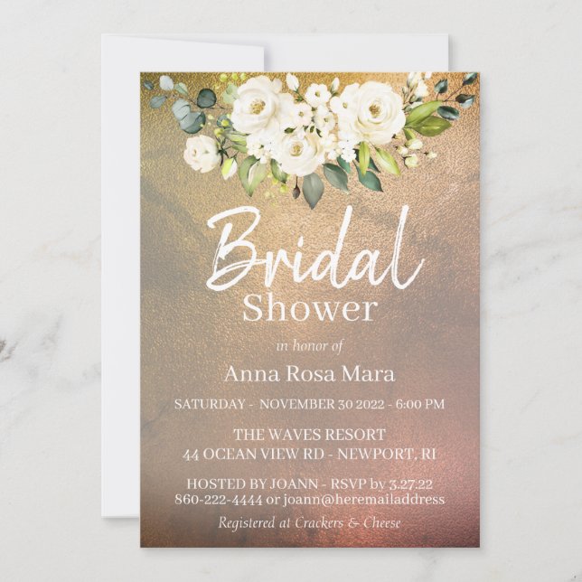 Invitation *~* Aquarelle Rose blanche Fête des mariées or (Devant)