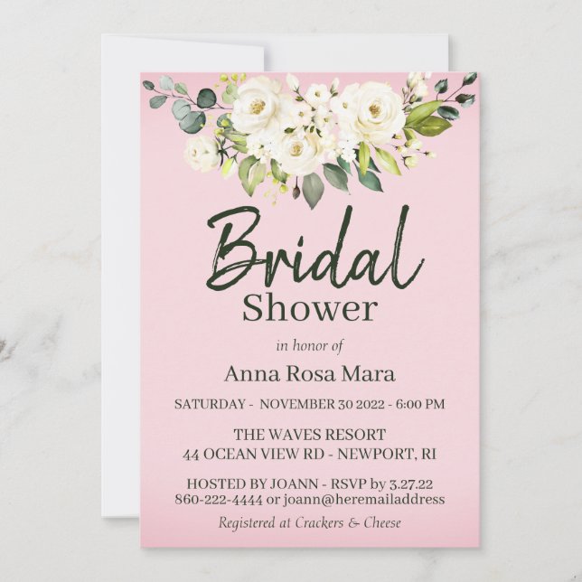 Invitation *~* Aquarelle Rose blanche Fête des mariées rose (Devant)