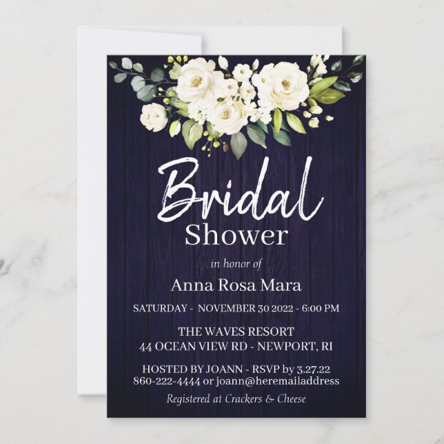 Invitation *~* Aquarelle Rose blanche Fête des mariées rustiq (Devant)