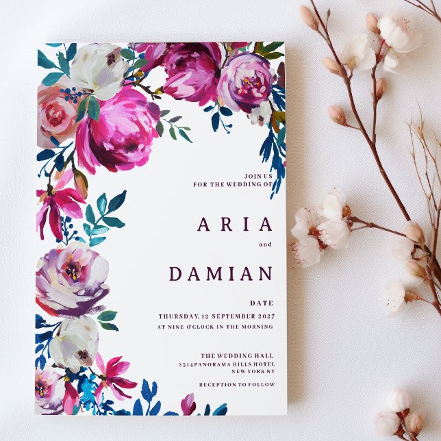 Invitation Aquarelle rose bleu violet blanc Mariage à fleurs (Watercolor pink blue purple white floral Wedding )