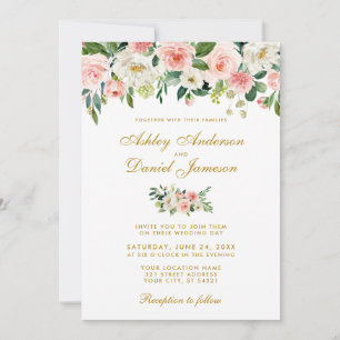 Invitation Aquarelle rose Blush Blanc Floral Mariage or
