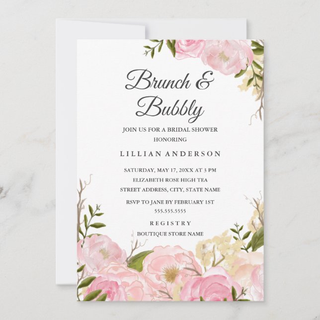 Invitation Aquarelle Rose Blush Brunch Floral Et Bubbly (Devant)