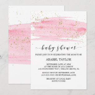 Invitation Aquarelle rose Blush et Baby shower étincelant or
