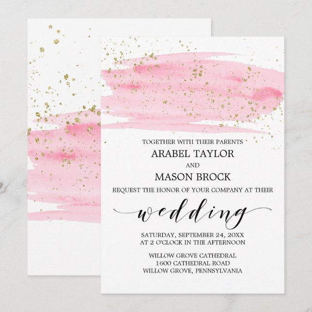 Invitation Aquarelle rose Blush et or Mariage étincelant (Devant / Derrière)
