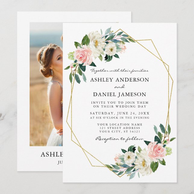 Invitation Aquarelle rose Blush Floral Gold Frame Photo (Devant / Derrière)