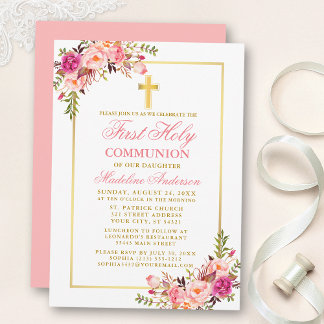Invitation Aquarelle rose Blush Floral Gold Première communio