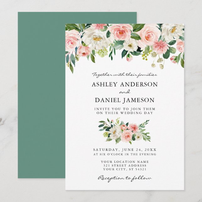 Invitation Aquarelle rose Blush Floral Mariage (Devant / Derrière)