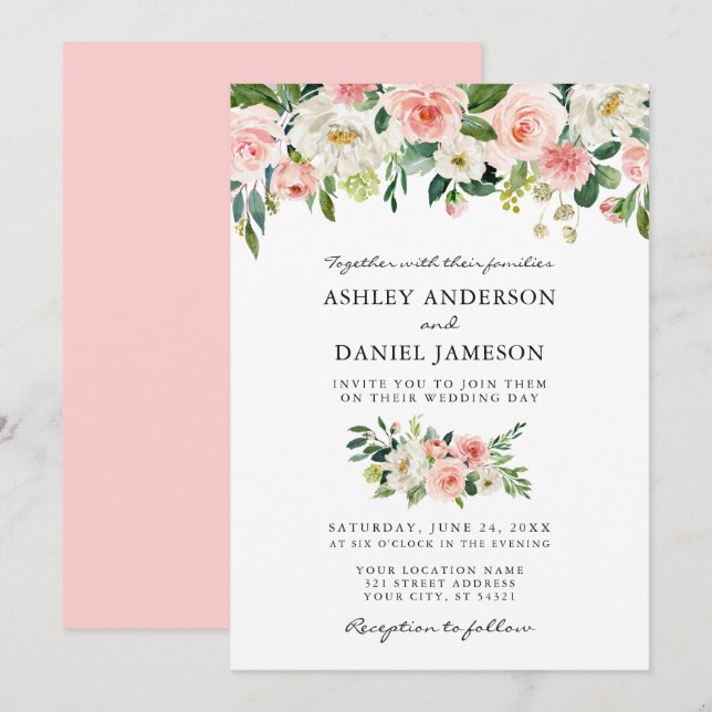 Invitation Aquarelle Rose Blush Floral Mariage élégant (Devant / Derrière)