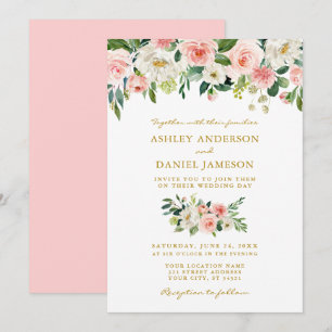 Invitation Aquarelle rose Blush Floral Mariage or