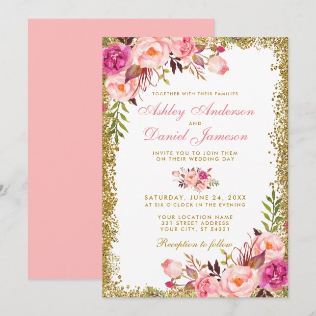 Invitation Aquarelle rose Blush Floral Mariage Parties scinti (Devant / Derrière)