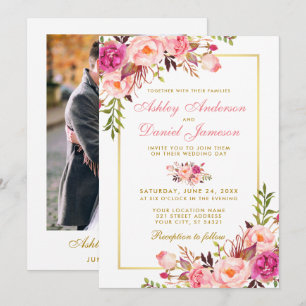 Invitation Aquarelle rose Blush Floral Photo Mariage or