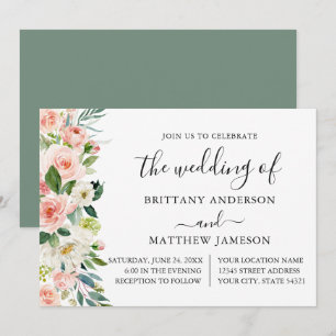 Invitation Aquarelle rose Blush Floral Sage Vert Mariage
