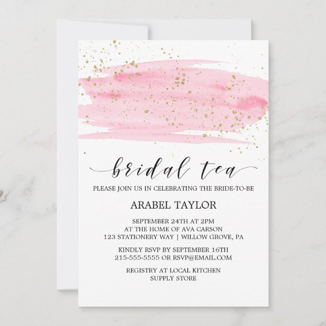Invitation Aquarelle Rose Blush & Gold Sparkel Thé nuptial (Devant)