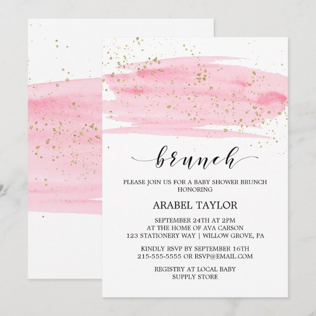 Invitation Aquarelle Rose Blush & Gold Sparkle Brunch (Devant / Derrière)