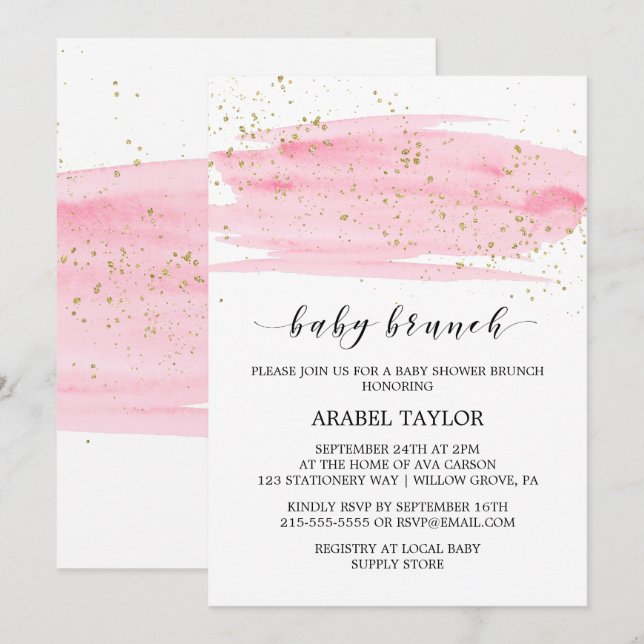 Invitation Aquarelle Rose Blush & Gold Sparkle Brunch pour bé (Devant / Derrière)