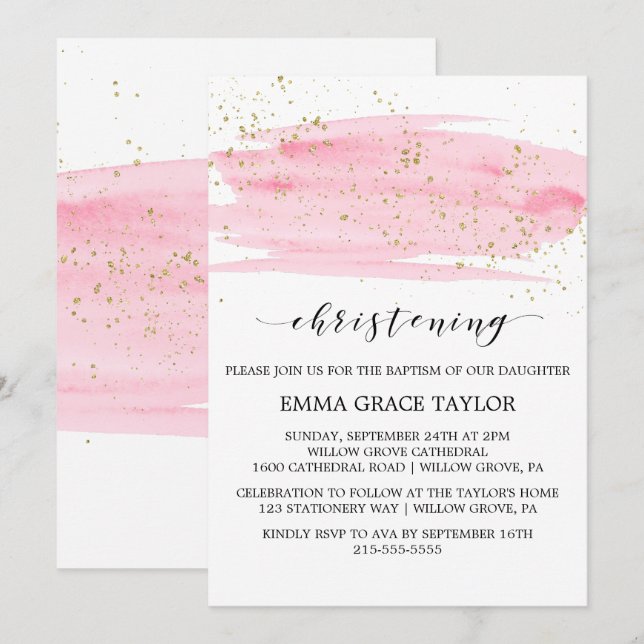 Invitation Aquarelle rose Blush & or Sparkling Christening (Devant / Derrière)