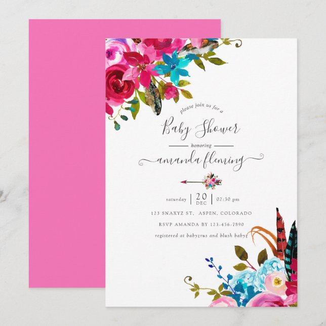 Invitation Aquarelle rose Boho Chic Baby shower Floral (Devant / Derrière)