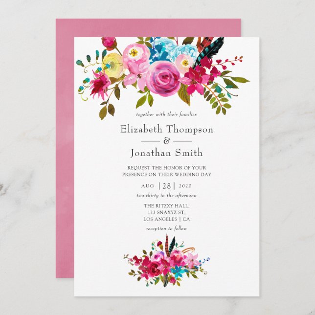 Invitation Aquarelle rose Boho Chic Floral Mariage (Devant / Derrière)