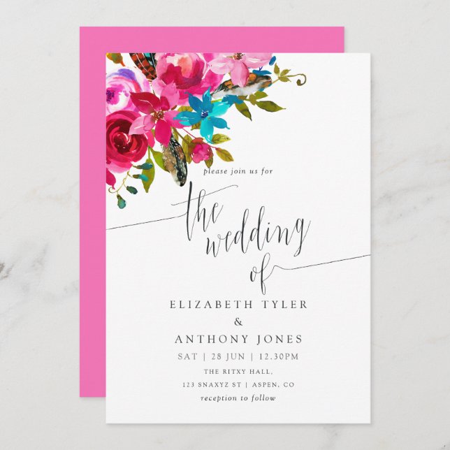 Invitation Aquarelle rose Boho Chic Floral Mariage Inviter (Devant / Derrière)