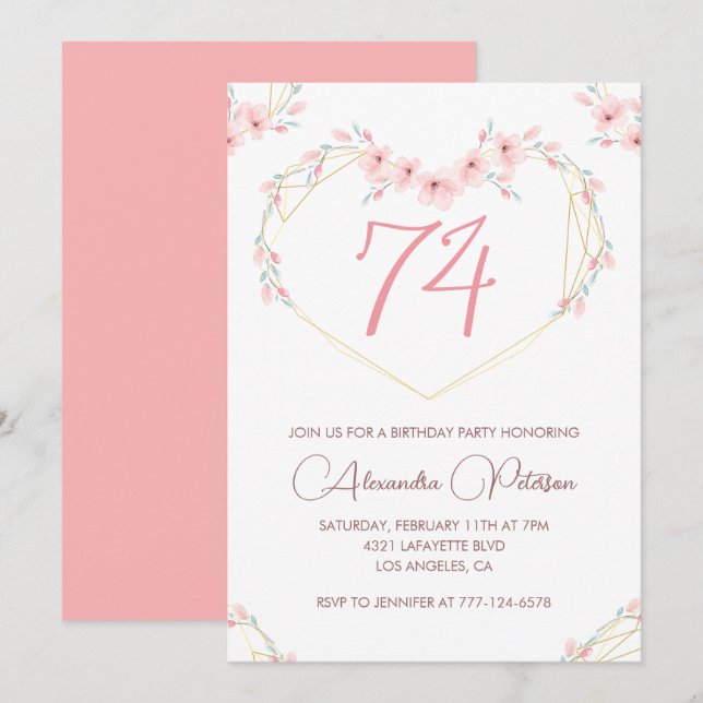 Invitation Aquarelle rose Boho floral 74e anniversaire (Devant / Derrière)