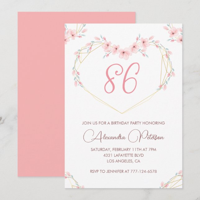 Invitation Aquarelle rose Boho floral 86e anniversaire (Devant / Derrière)