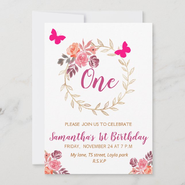 Invitation Aquarelle rose Boho Floral Premier anniversaire (Devant)