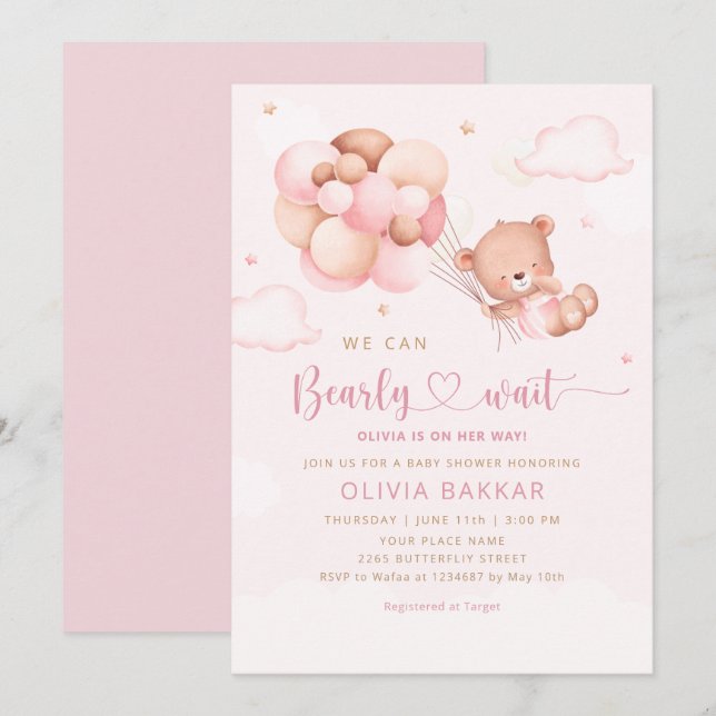 Invitation Aquarelle rose Boho Teddy Bear Girl Baby shower (Devant / Derrière)