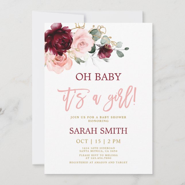 Invitation Aquarelle rose bordeaux Baby shower floral fille (Devant)