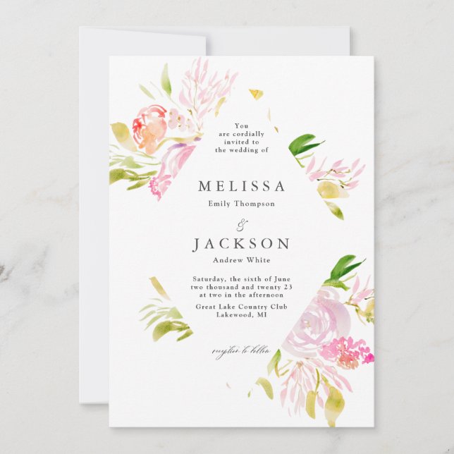 Invitation Aquarelle Rose Bouquet Diamond Mariage (Devant)