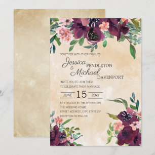 Invitation Aquarelle rose Bourgogne Mariage vert Sage