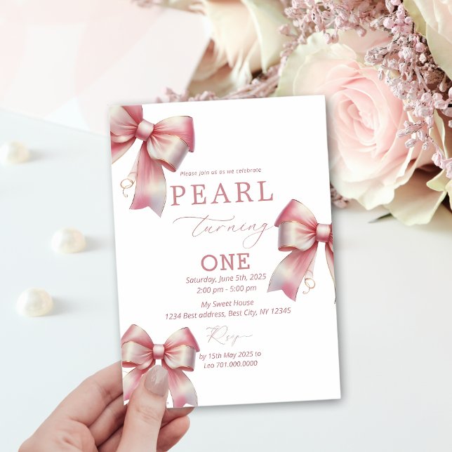 Invitation Aquarelle rose Bow 1er anniversaire (Créateur téléchargé)