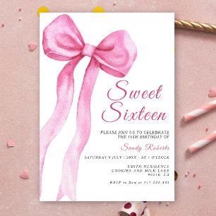 Invitation Aquarelle Rose Bow Sweet 16 Anniversaire