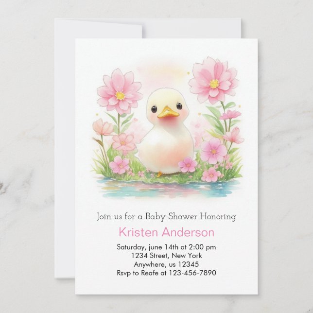 Invitation Aquarelle rose canard Whimsy Baby shower fille (Devant)