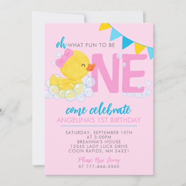 Invitation Aquarelle rose Caoutchouc Canard 1er Anniversaire (Devant)