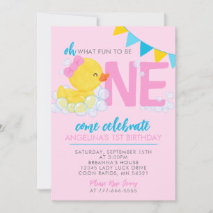 Invitation Aquarelle rose Caoutchouc Canard 1er Anniversaire