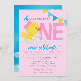 Invitation Aquarelle rose Caoutchouc Canard 1er Anniversaire 