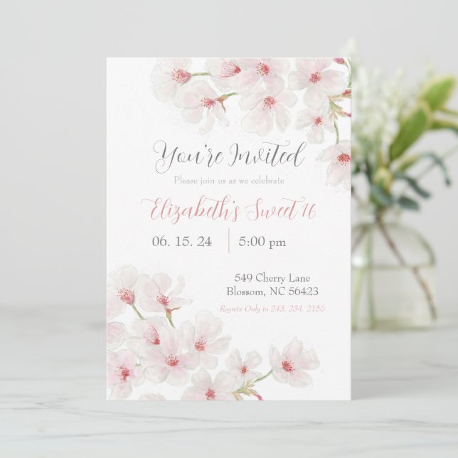 Invitation Aquarelle rose cerise fleurs doux 16 (Debout devant)