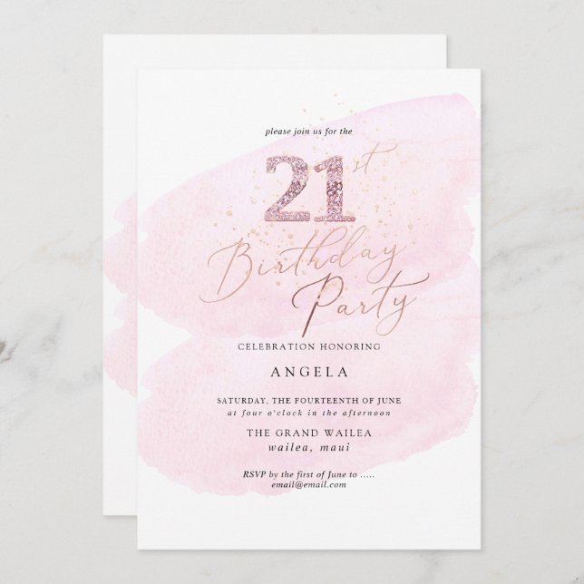 Invitation Aquarelle rose Champagne Bubbles 21e TOUT ÂGE (Devant / Derrière)