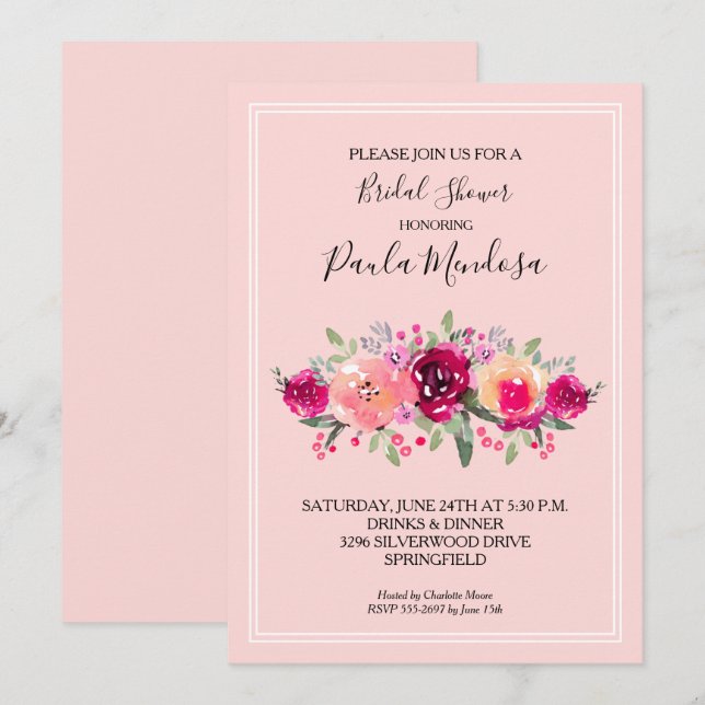 Invitation Aquarelle rose chaud Fête des mariées florale (Devant / Derrière)