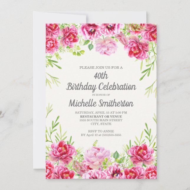 Invitation Aquarelle rose chaude verdure fleurie 40e annivers (Devant)