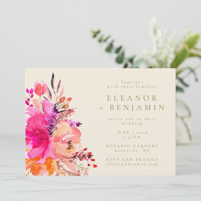 Invitation Aquarelle rose chic moderne Floral Mariage élégant (Debout devant)