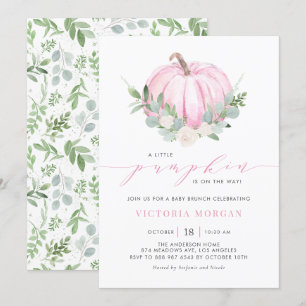 Invitation Aquarelle rose Citrouille Automne Bébé Brunch