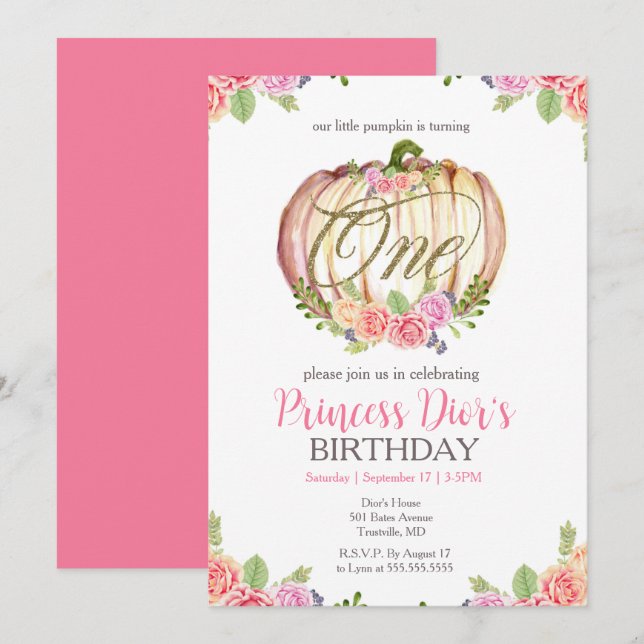 Invitation Aquarelle rose Citrouille mignonne 1er anniversair (Devant / Derrière)